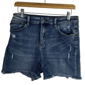 Judy Blue Womens High Waist Distressed Raw Hem Denim Shorts Blue Size Large